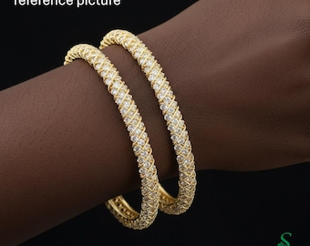 Gold Plated Twisted American Diamond Bangles Size 2.4 Indian Wedding Kangan Set Pair