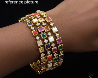 Size 2.4 Multi Color Navratna Stone Gold Plated Bangles Set of 4 Indian Jewelry