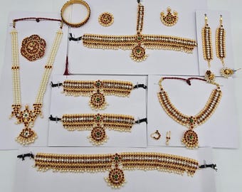 Small Size Kids Bharatanatyam Temple Jewelry Set Kemp Stones for Junior Dance Debut