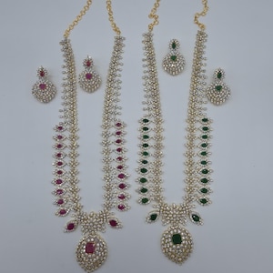 American Diamond Long Haram Necklace Set in Ruby and Emerald, Bridal CZ Jewelry