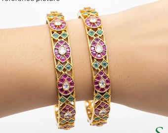 Matte Gold Kemp Stone Bangles Ruby Emerald Indian Wedding Jewelry Pair Sizes 2.4-2.8