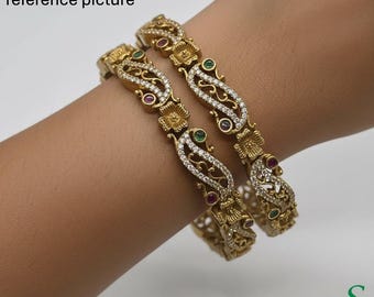 Antique Matte Gold Temple Bangles Ruby Emerald Kangan Sizes 2.4 2.6 2.8