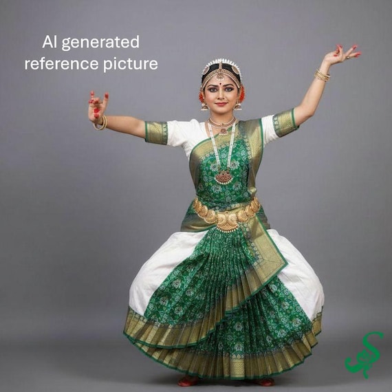 green kathak dress Pre Stitched 2-in-1 Ikkat Skirt Model Bharatanatyam Dance Arangetram Set collection:weddingshop