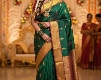 Forest Green Handloom Kanchivaram Pure Silk Saree with Maroon Zari Border – Wedding & Bridal Saree