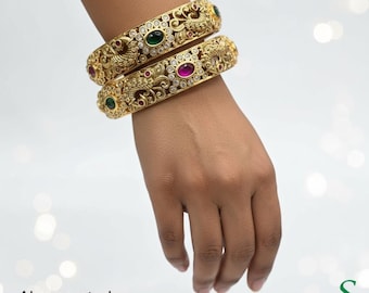 Antique Matte Gold Peacock Kada Bangles Size 2.4 Indian Wedding Jewelry Kangan Pair