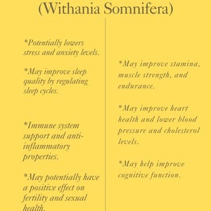 May include: A yellow graphic detailing the benefits of Ashwagandha Root (Withania Somnifera). The text highlights potential effects on stress, sleep quality, immune function, and cognitive performance, alongside other benefits.