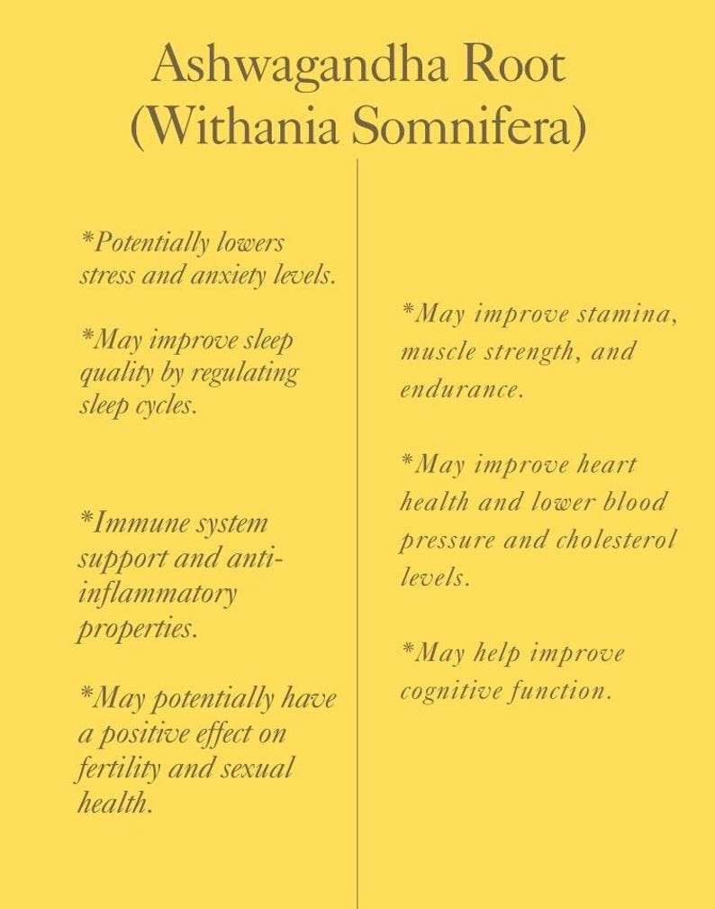 May include: A yellow graphic detailing the benefits of Ashwagandha Root (Withania Somnifera). The text highlights potential effects on stress, sleep quality, immune function, and cognitive performance, alongside other benefits.