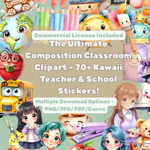 Ultimate Kawaii Classroom Clipart Bundle |70+ Cute Teacher & School Stickers | Commercial Use | Printable Classroom Decor, Instant Download