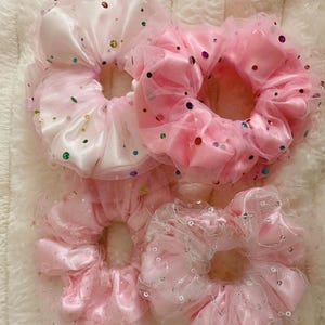Pink Satin Tulle Scrunchie Set: Kawaii Glitter Sequin Hair Ties