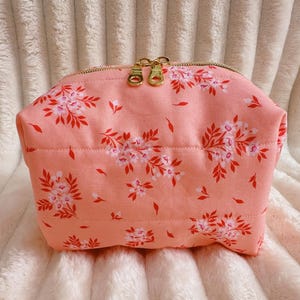 Handmade Quilted Box Zipper Pouch: Peach Floral Makeup Bag