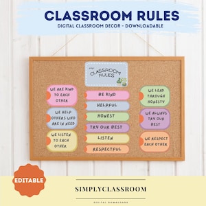 Op de afbeelding: Een prikbord met de woorden 'Klassenregels' bovenaan. Het bord toont kleurrijke labels met positieve boodschappen zoals 'Wees aardig', 'Behulpzaam' en 'Doe je best'. De woorden 'Bewerkbaar' en 'Simply Classroom' zijn ook zichtbaar.