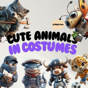 10 Cute Animals in Costume Clipart | Scrapbook, Junk Journal | Commercial Use | Digital Download | PNG