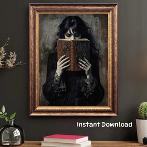 Victorian Woman Reading, Cottagecore Printable Poster, Dark Vintage Printable Art for Book Lovers