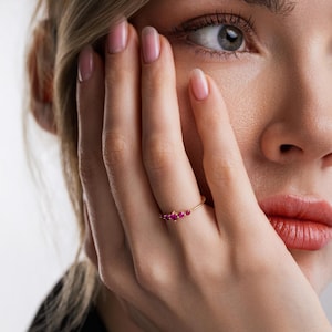 14K Gold Ruby Stacking Ring, Dainty Minimalist Birthstone Jewelry