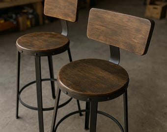 Set of 2 Rustic Bar Stools Industrial with Backrest, Tall Counter Height Chairs, Metal Frame Pub Kitchen Breakfast Stool Farmhouse Decor