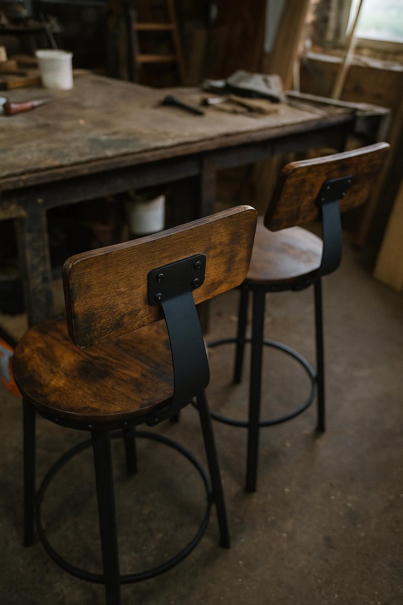 Set of 2 Rustic Bar Stools Industrial With Backrest, Tall Counter ...