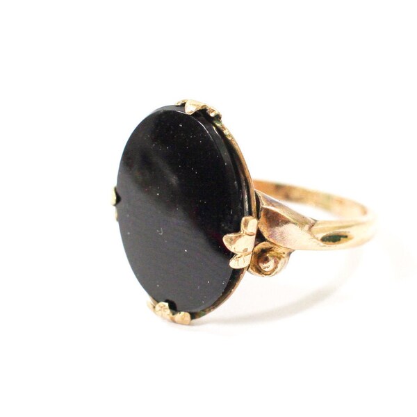 Vintage 10k Gold Filled Black Onyx Signet Ring for Her, Signed C&C Clark and Coombs, Large Oval Shaped Flat Polished Jet Black Signet Style