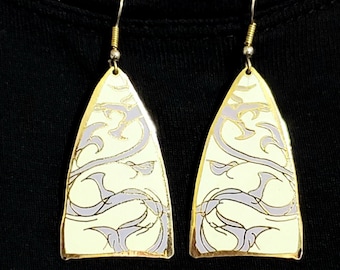 Vintage Samuel Huang Enamel Earrings, Gold, Creamy Ivory, Lavender Purple, Long Dangles, Designer Signed Costume Jewelry Pierced Earrings