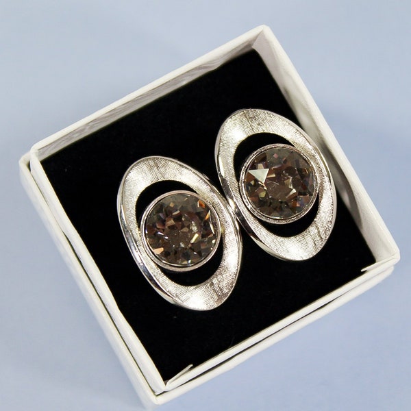 Jeweled Cufflinks Silver Gray Rhinestone Sparkling Oval Cufflinks Brushed Satin Finish Floating Jewel Illusion Setting Prong Set Glass Stone