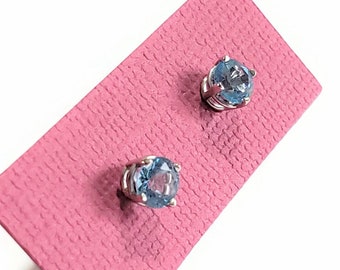 Estate 14k White Gold 5 mm Blue Topaz Stud Earrings, Round Cut Gemstones, Four Prong Basket Setting, Special Gift for Her, Solid Gold 34KN9