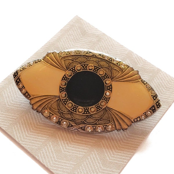 Vintage Catherine Popesco Brooch Art Deco Revival, Gold, Yellow, Clear Rhinestones, Design Resembles a Human Eye, Old French Jewelry Molds