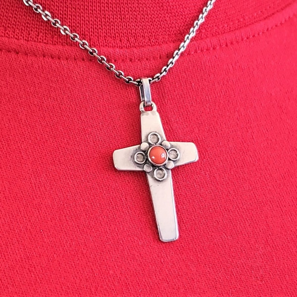 Vintage Sterling Silver, Coral Cross Pendant Necklace Marked 835 Silver Old European Silver Mark, 16 Inch Flat Cable Chain, Springring Clasp