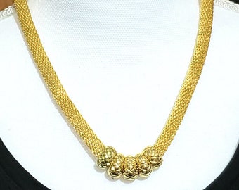 Vintage Liz Claiborne Gold Necklace, Thick Rounded Mesh in Gold Tone, Pebble Textured Floating Rings, Chunky Statement Collar Necklace