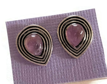 Vintage Sterling Silver Amethyst Stud Earrings, Teardrop Shaped Studs 5/8" x 1/2", Ribbed Lines Surround the Center Purple High Set Stone