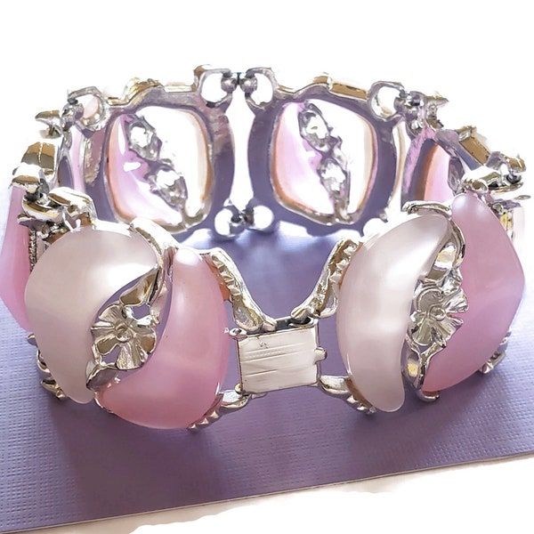 Vintage Two Tone Pink Thermoset Plastic and Silvertone Bracelet, Six links or Panels, Floral Theme Design, Mid Century 1960s Rockabilly