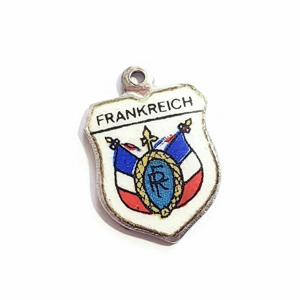 Vintage Frankreich, France in German, Shield Travel Charm for Bracelet, Signed 800 REU, Colorful Enamel European Souvenir Keepsake Memento