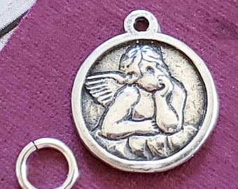 Vintage Thinking Angel Sterling Silver Charm for Bracelet or Necklace Pendant, Cute and Thoughtful Image of Angel In Circle Shaped Charm