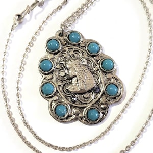 Vintage Egyptian Pharoah Necklace Pendant, Silver with Turquoise Blue Cabochons, Shield Shaped Medallion Style Pendant, 24 Inch chain