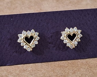 Vintage 14k Gold Diamond Heart Stud Earrings, Open Hearts Bordered by Tiny Genuine Diamonds, Special Gift for Her 9DZ4G