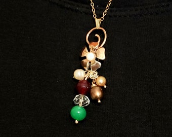 Handmade Gold Filled Necklace Assemblage Pendant Feat. Opal, Pearls, Garnet, Clear Crystal, and Green Chrysoprase Beads, 18" 14k GF Chain