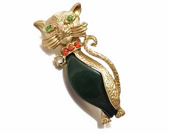 Vintage Cat Brooch, Green Thermoset Plastic Body, Bright Gold Tone Metal, Green, Orange, and Clear Rhinestones, Repaired, New Paint + Stones