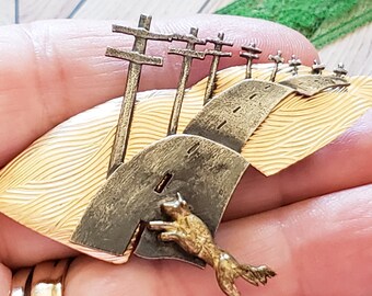 Vintage Tom Reardon and Kathleen Doyle Sterling Silver Pin, Rare Find, Depicts Coyote Crossing a Winding Road Lined with Telephone Poles