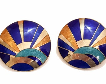 Bold and Bright Vintage Enamel Earrings, Deep Royal Blue, Frosted Turquoise and Gold Enamels, Gold Tone Metal, Abstract Geometric Design