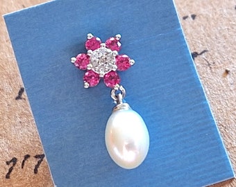 Vintage Single Stud Earring, Pink Sapphires, Genuine Tiny Diamond Accents, White Pearl drop, ONE Single Earring Mix 'Em Up  HB98Q