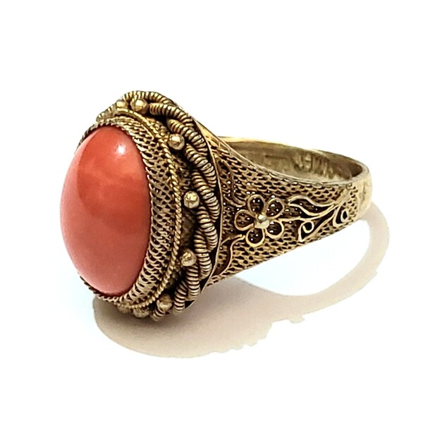 Vintage Coral Ring in Gold Vermeil Sterling Silver, Large Oval Orange Coral Cabochon Stone in a Fine Filigree Ornamental Setting, Adjustable