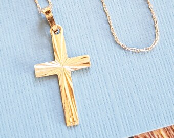 Vintage 10k Gold Cross Pendant Necklace, Dainty Yellow Gold Cross with Diamond Cut Accents, Dainty Delicate 18 Inch Chain  TQ47B