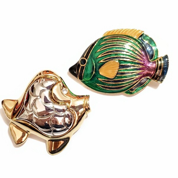 Two Fish Brooches, Vintage Liz Claiborne, One Signed R.A. Colorful Enamels, Gold Tone, Silver Tone, Clear Rhinestone Eye, 2 Cute Fish Pins