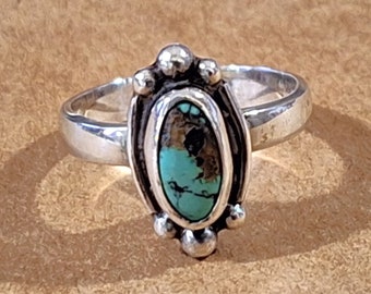 Vintage Southwest Ring Sterling Silver Turquoise Ring Size 6, Oval Cabochon Cut Multi Color Stone Bezel Set, Sturdy Wide Band 925  IH59P