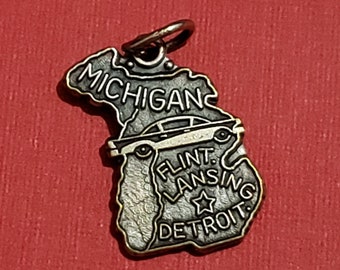 Vintage Michigan Sterling Silver Charm for Bracelet, USA United States Travel Souvenir Keepsake Memento, Flint, Detroit, Lansing Michigan