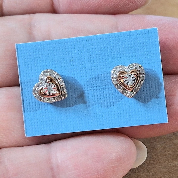 Vintage 14k Heart Shaped Diamond Stud Earrings, Illusion Setting, Yellow Gold Heart Stud Earrings, 8mm x 8mm, Natural Diamonds   PQ67N