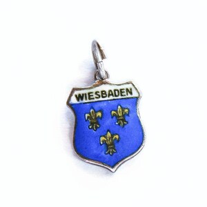 Vintage German Travel Enamel Shield Charm Wiesbaden Germany , 835 Sterling Silver, Charm for Bracelet or Necklace Pendant Charm