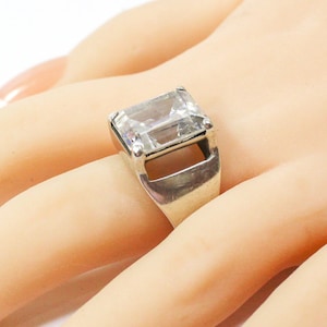 Vintage Sterling ESPO Ring, High Top, Large Emerald Cut Clear Crystal Glass Rectangular Stone, Heavy Statement Ring for Her, Them, Sz 5.5