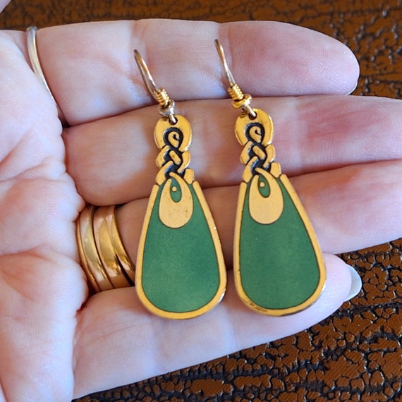 Vintage Signed Laurel Burch Earrings Green Enamel… - image 7