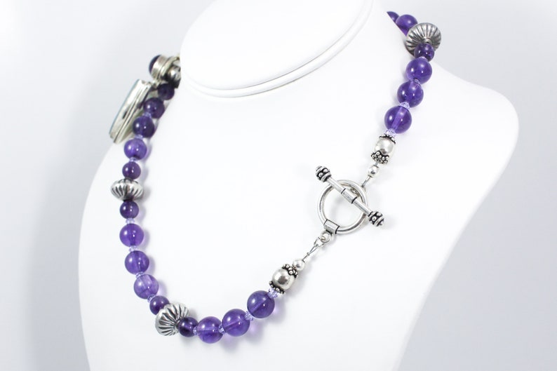 Triangle Shaped Pendant Sterling Silver Hand Cut Beads Boho Heavy 18 Inches Long Vintage Amethyst Beaded Necklace Artisan Made Necklace