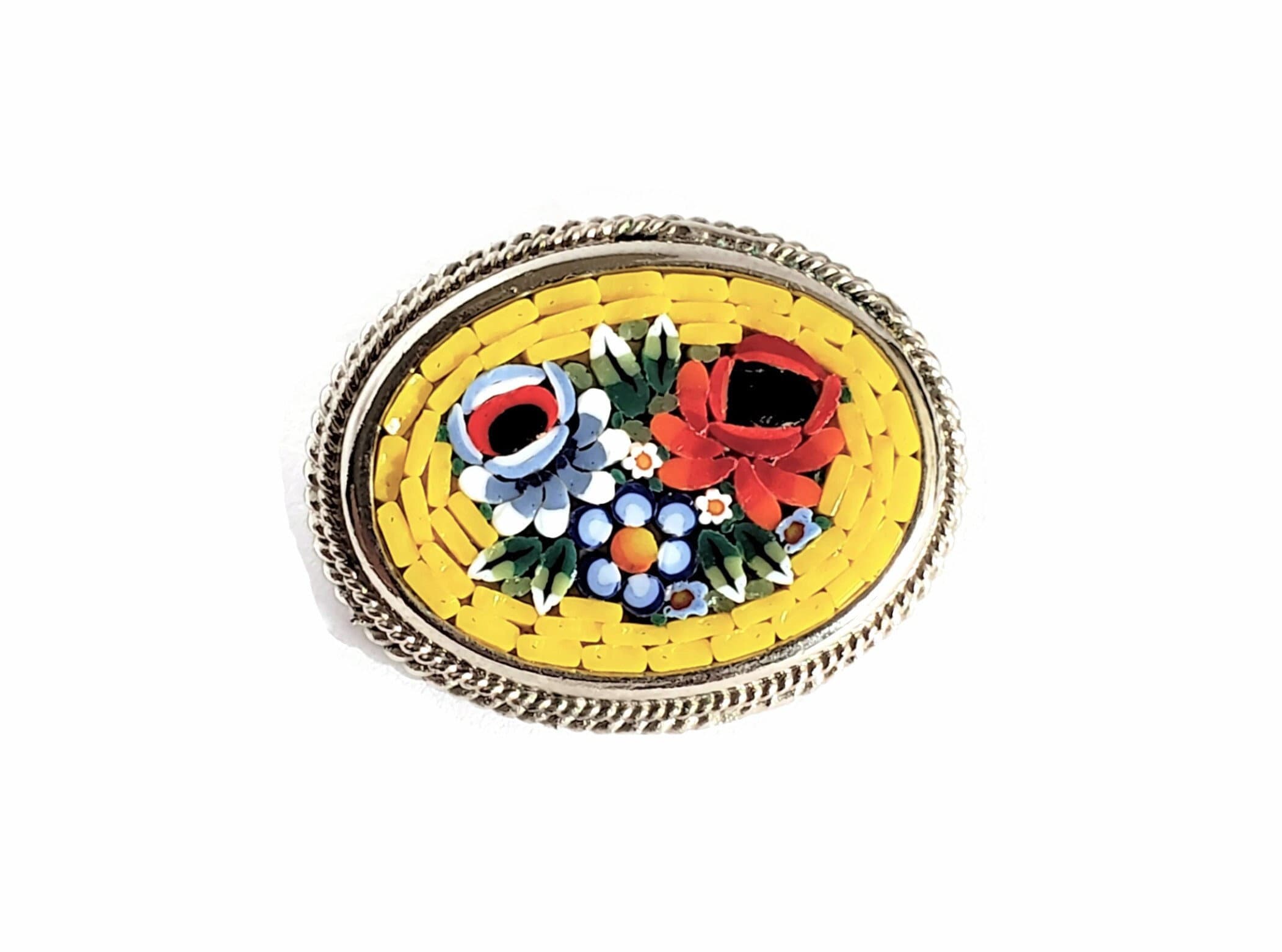 Broche Italienne Micro Mosaïque Fleur - Verre Multicolore Sur Argent Estampé - Vintage