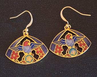 Vintage Cloisonne Enamel Floral Parrot Earrings, Drop Dangles with French Ear Wires, Colorful Blue Red Yellow Gold Fan Shape  CESL9